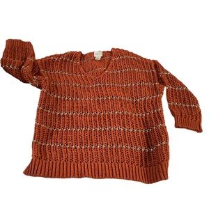 Striped Pumpkin Orange and Glittery Chico's V-neck Open Weave Sweater